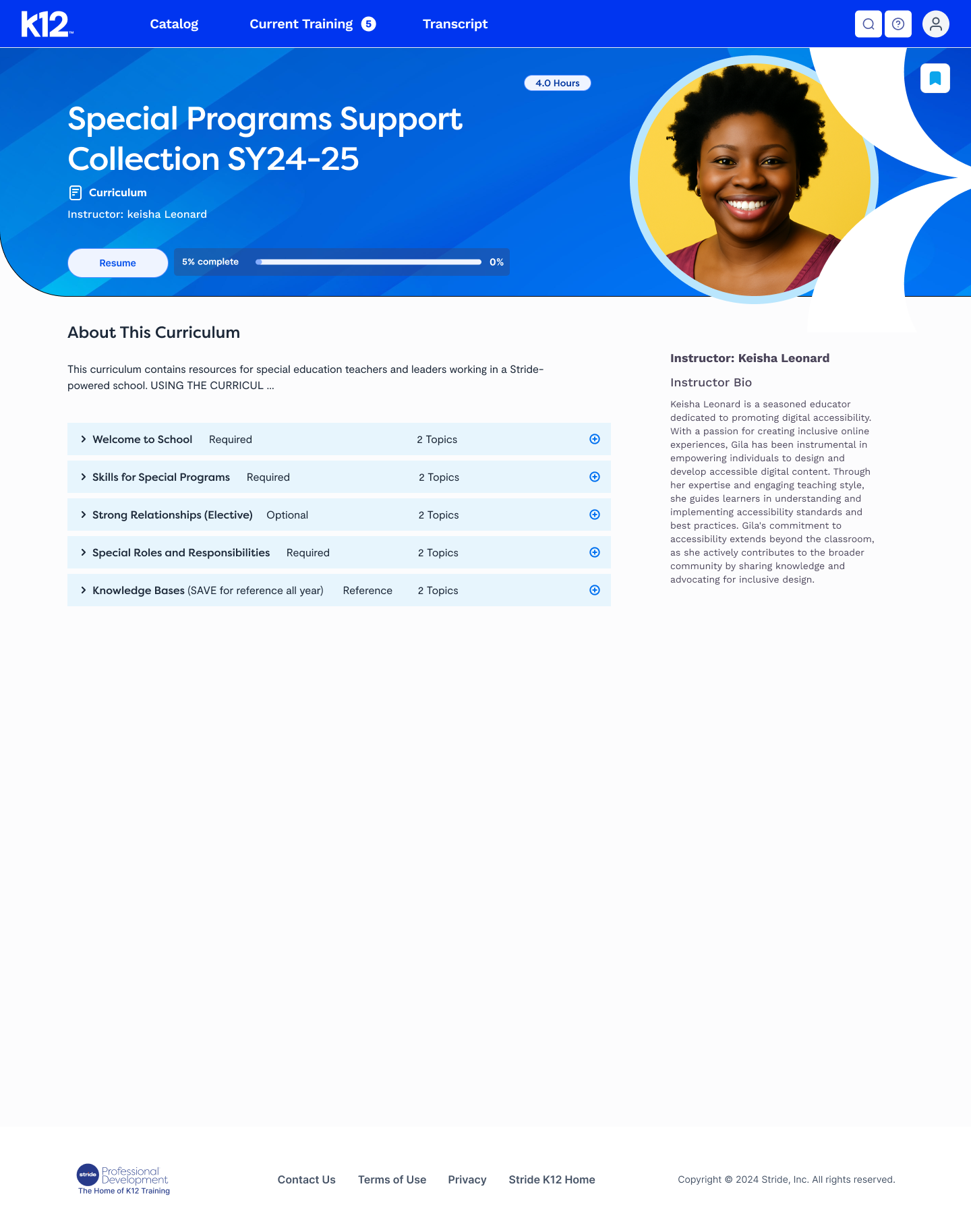 Accessibility Requirements for Teachers course page showing progress, next available section and instructor bio