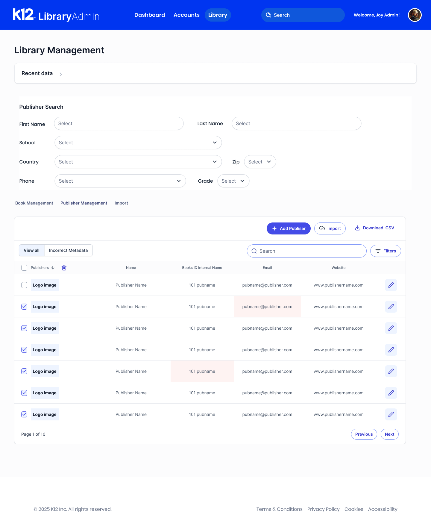 Publisher management: publisher search filters and a publisher table with incorrect-metadata highlighting