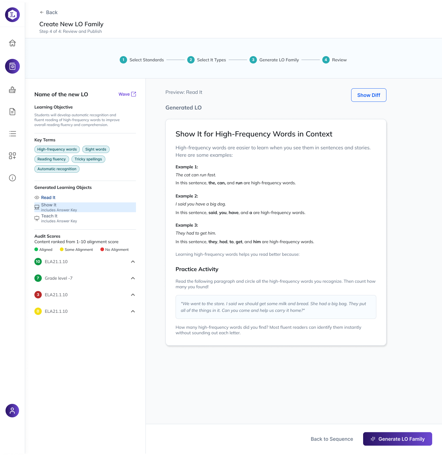 Create New LO Family review screen showing the Show It preview and key terms panel