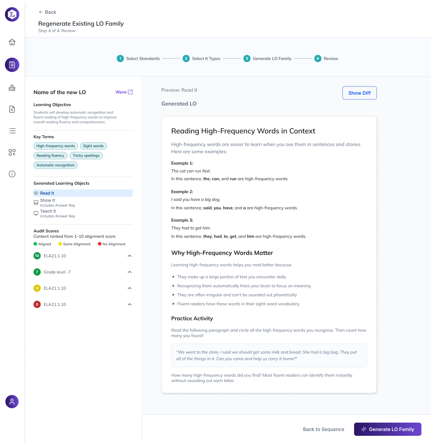 Regenerate Existing LO Family review screen with the Read It preview and Show Diff control